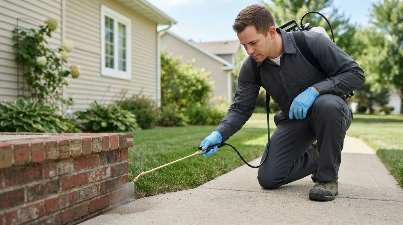 Pest control technician treating a home near Treece, KS