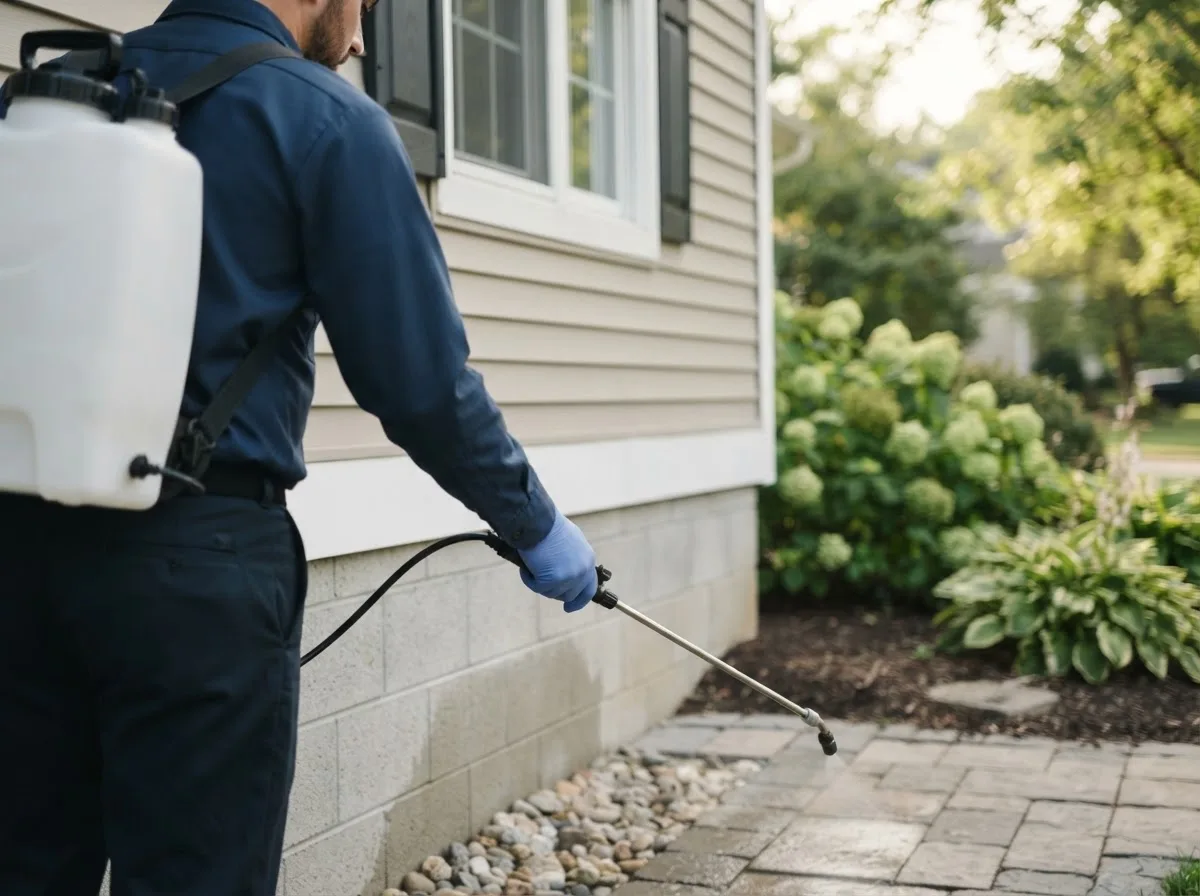 Pest control technician inspecting a home in Treece, KS